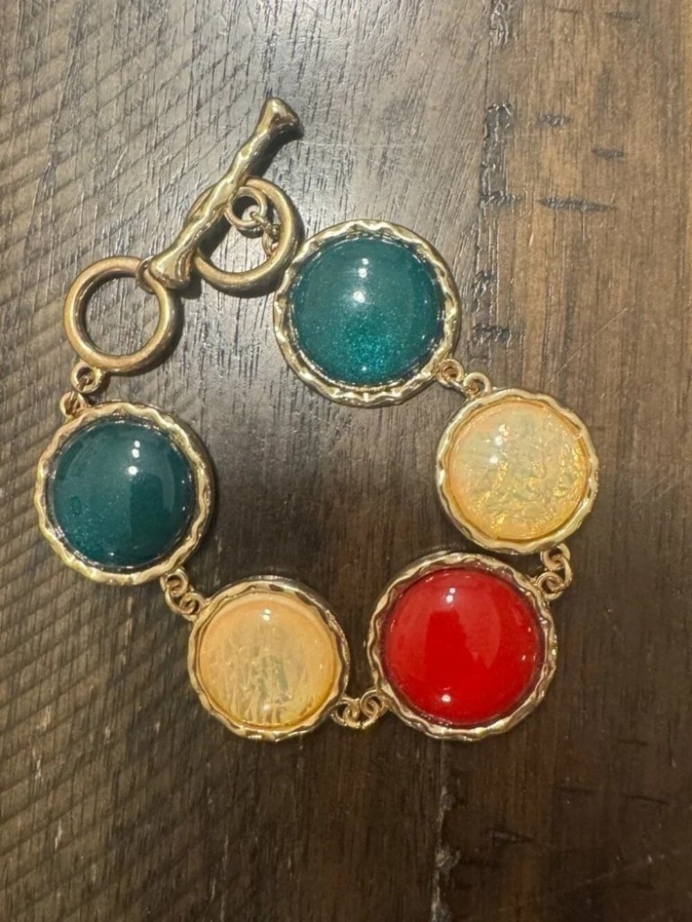 Source Unknown Red and Green Bracelet with Gold Accents